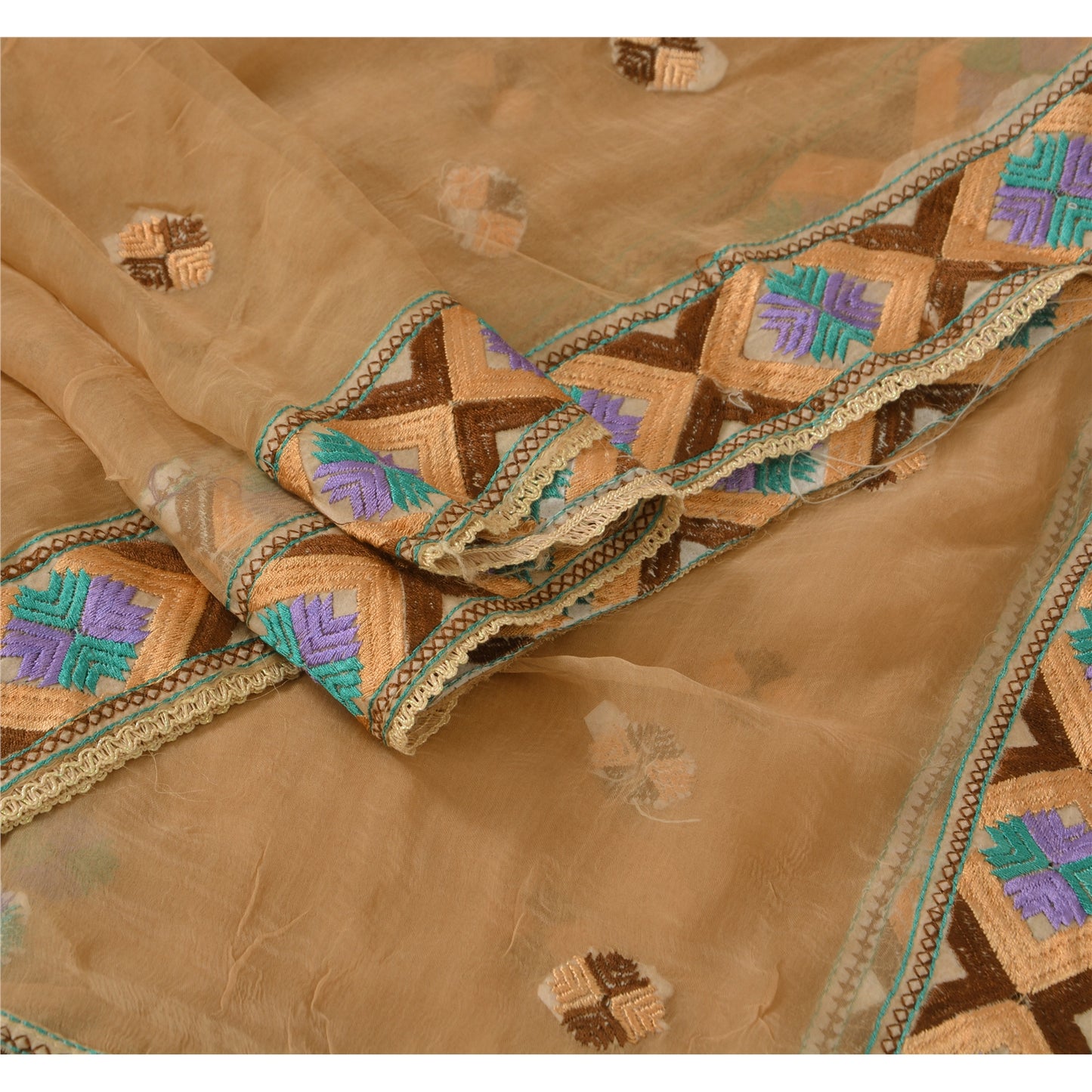 Sanskriti Vintage Dupatta Long Stole OOAK Brown Hijab Hand Embroidered Phulkari Wrap Shawl