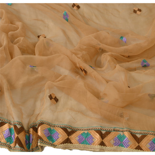 Sanskriti Vintage Dupatta Long Stole OOAK Brown Hijab Hand Embroidered Phulkari Wrap Shawl