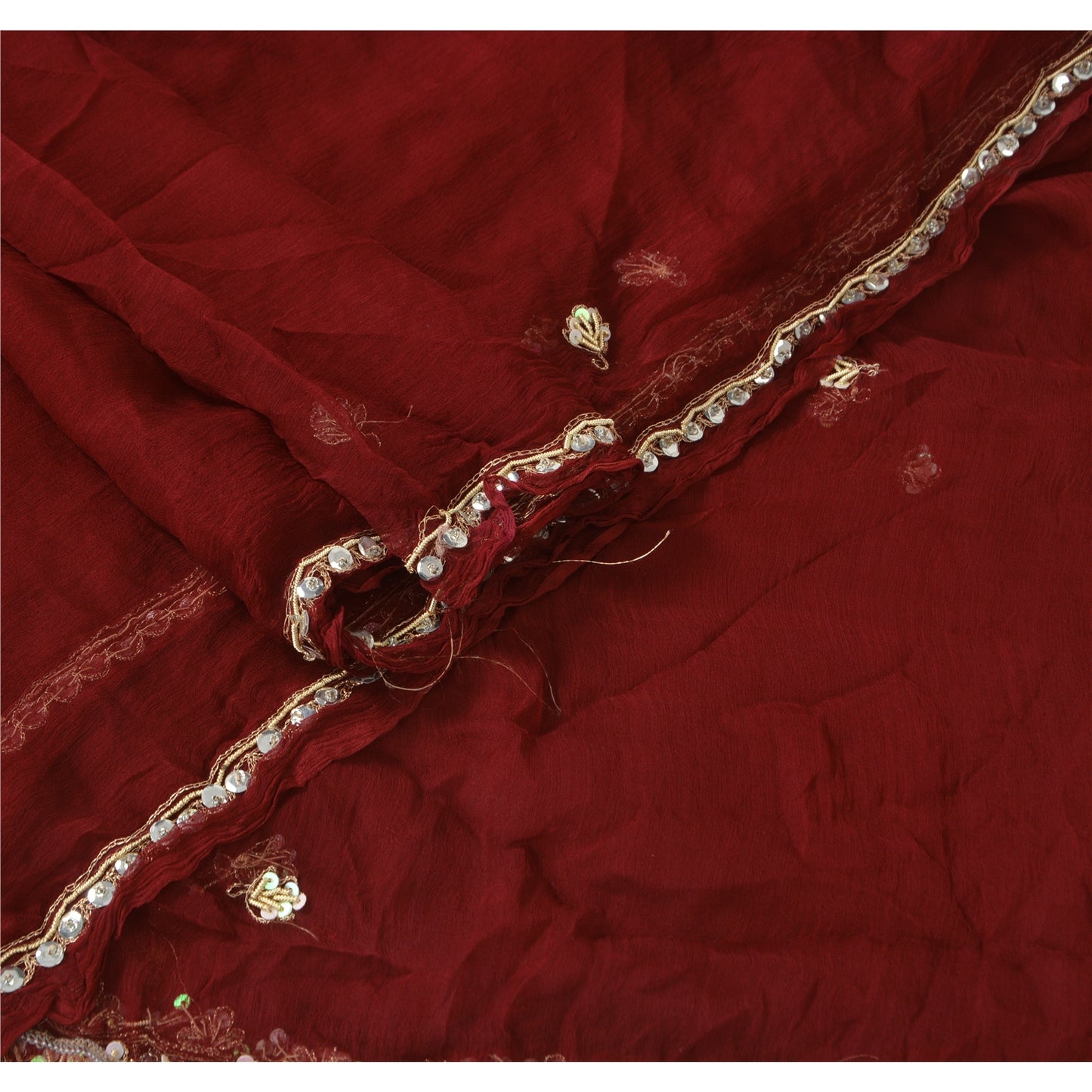 Sanskriti Vintage Dupatta Long Stole Chiffon Silk Dark Red Hand Beaded Wrap Veil
