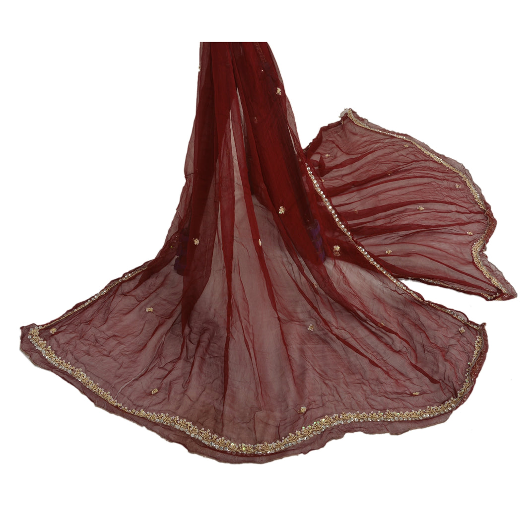 Dupatta Long Stole Chiffon Silk Dark Red Hand Beaded Wrap Veil