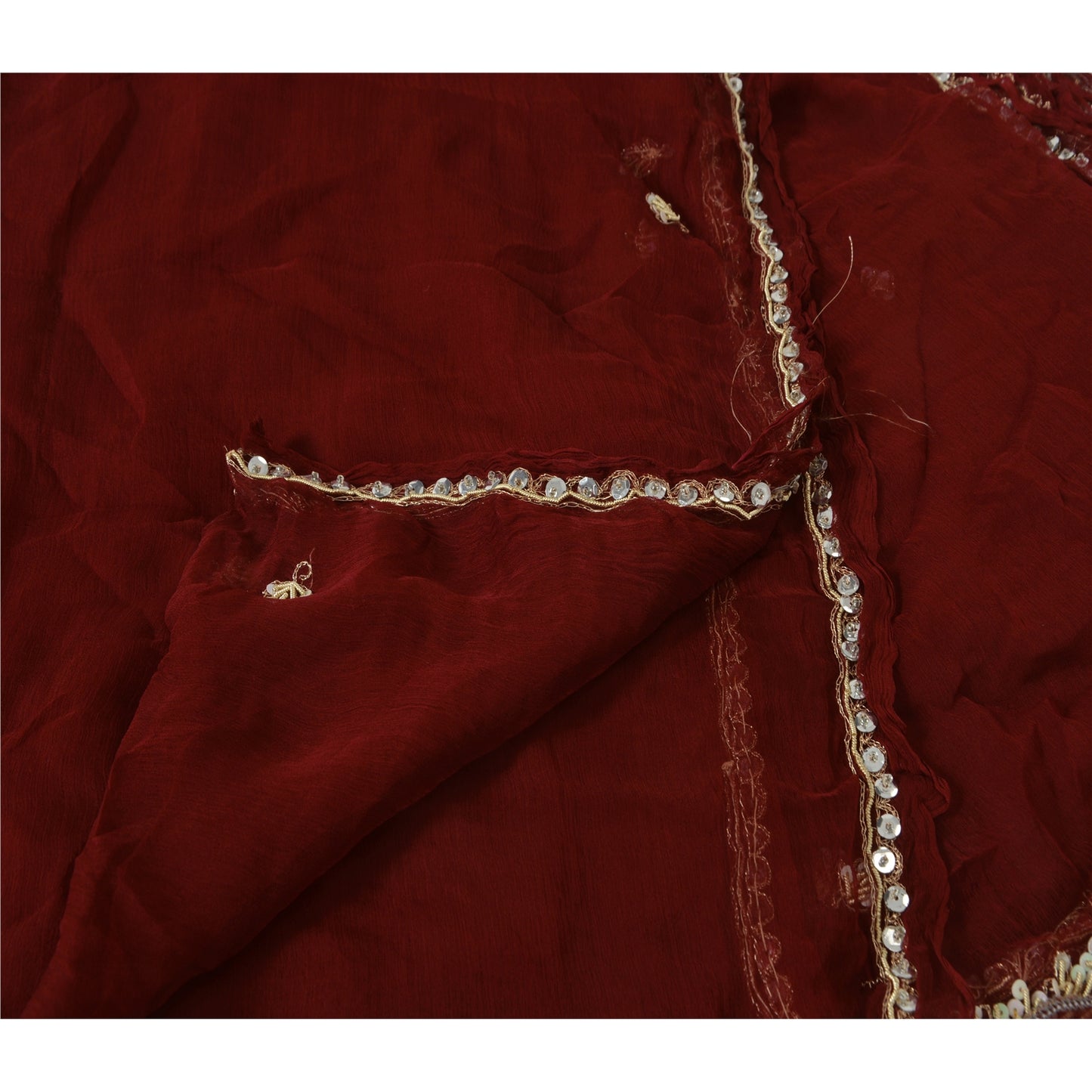 Sanskriti Vintage Dupatta Long Stole Chiffon Silk Dark Red Hand Beaded Wrap Veil