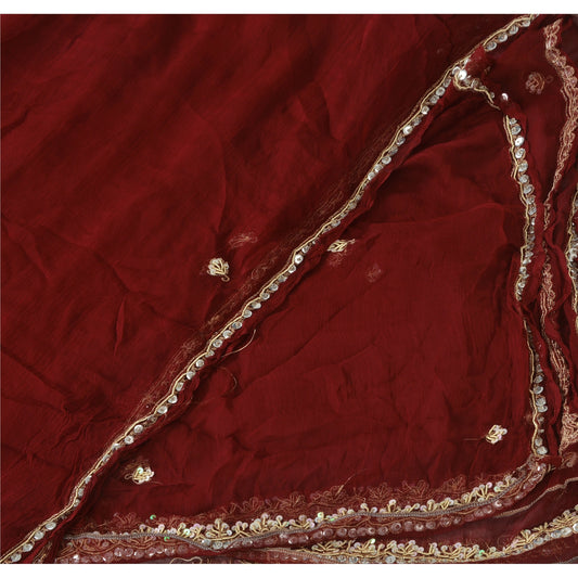 Sanskriti Vintage Dupatta Long Stole Chiffon Silk Dark Red Hand Beaded Wrap Veil