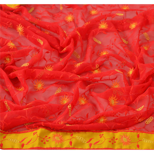 Sanskriti Vintage Dupatta Long Stole Georgette Red Shawl Embroidered Scarves