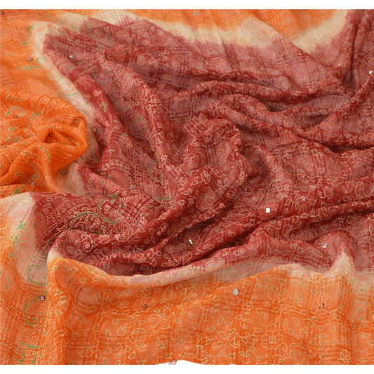 Sanskriti Vintage Dupatta Long Stole Pure Silk Orange Hand Embroidered Painted Scarves