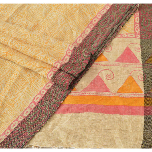 Sanskriti Vintage Dupatta Long Stole Cotton Shawl Cream Hijab Printed Wrap Scarves