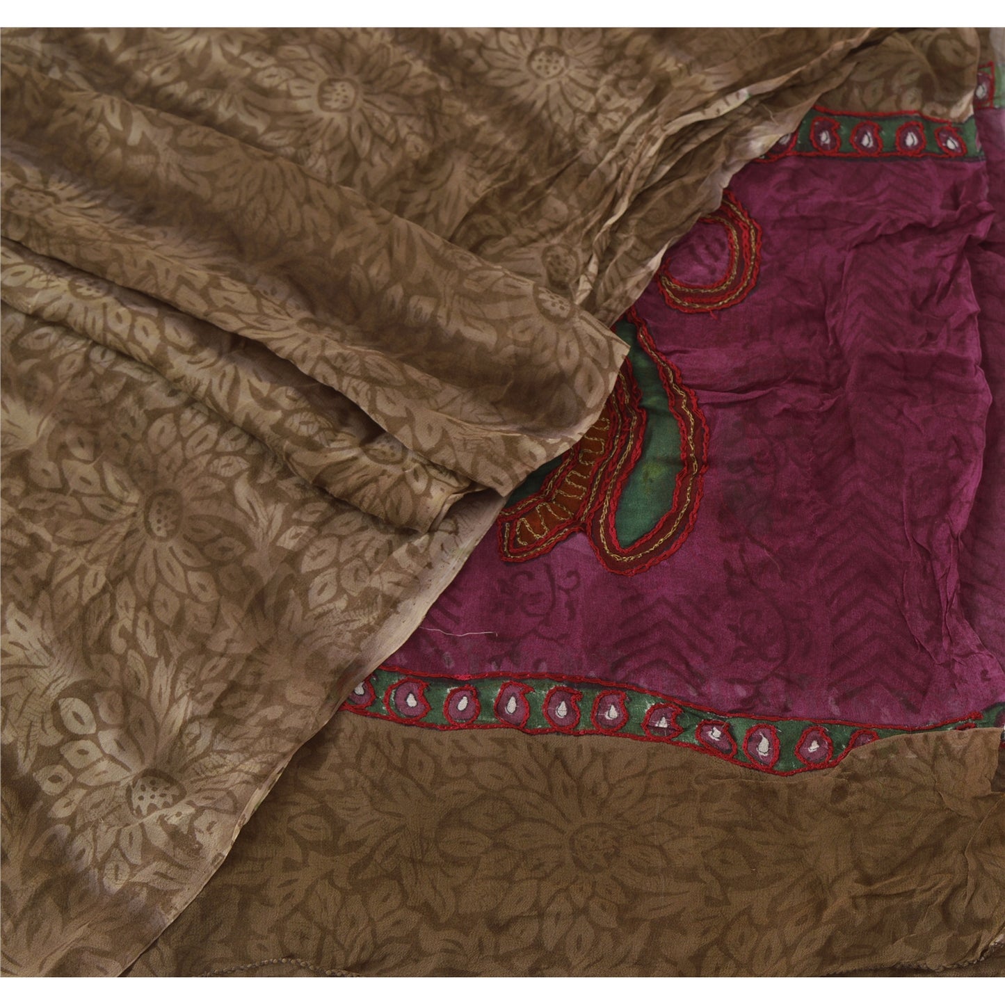 Sanskriti Vintage Dupatta Long Stole Georgette Brown Shawl Hand Beaded Scarves