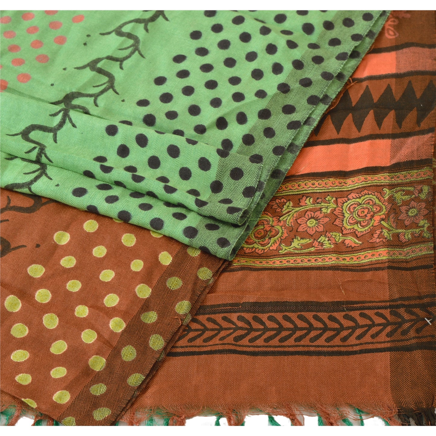 Sanskriti Vintage Dupatta Long Stole Woolen Green Shawl Printed Floral Scarves