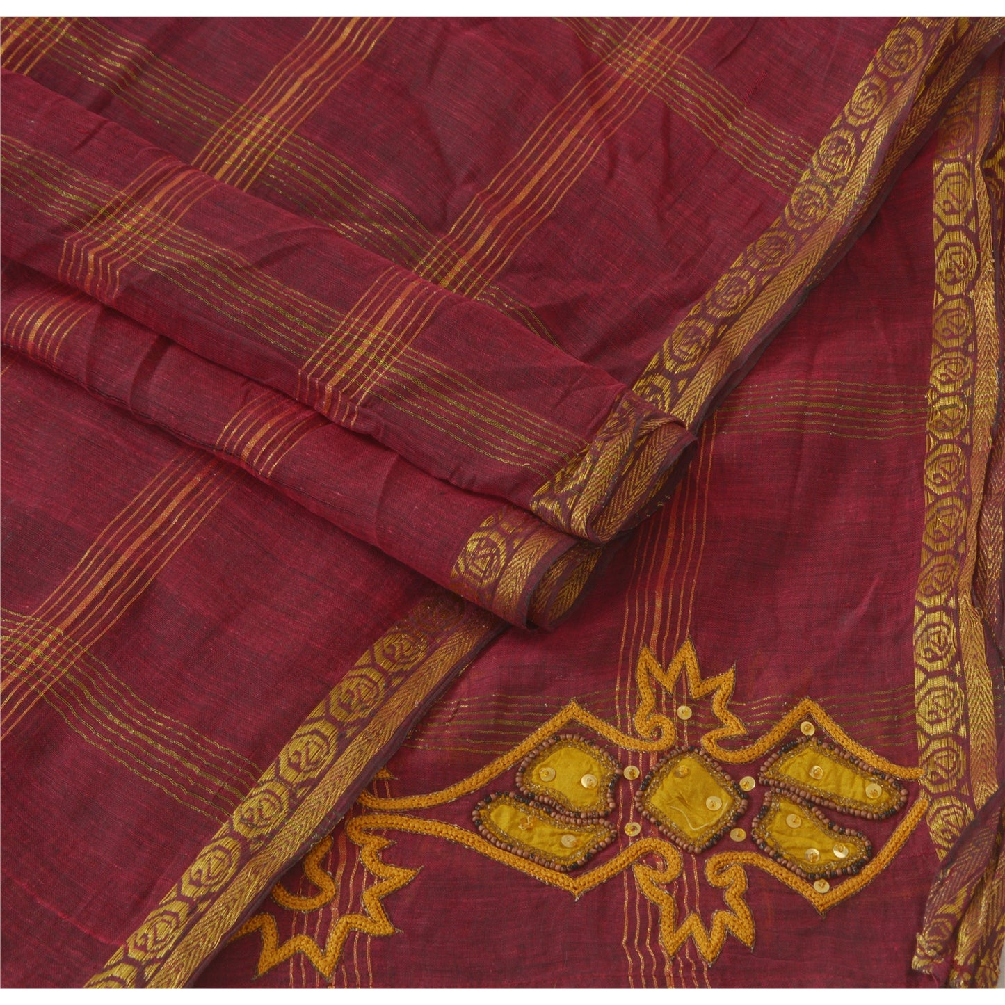 Sanskriti Vintage Dupatta Long Stole Pure Silk Dark Red Hand Beaded Woven Veil