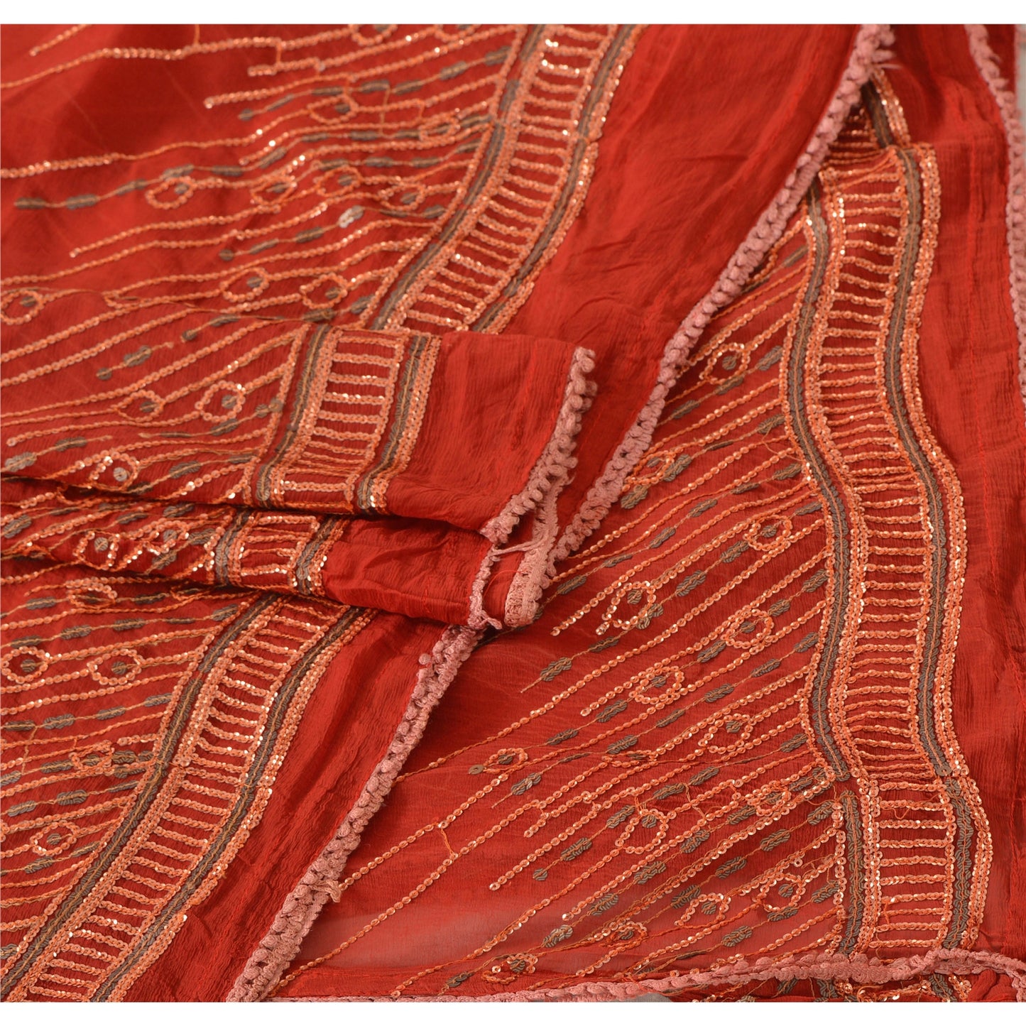 Sanskriti Vintage Dupatta Long Stole Chiffon Silk Brick Red Embroidered Shawl