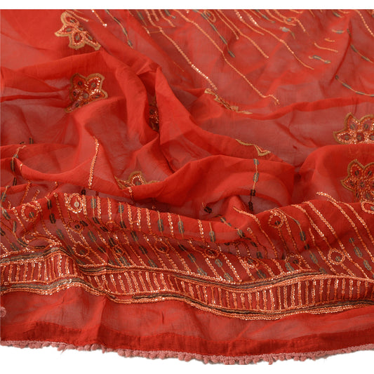 Sanskriti Vintage Dupatta Long Stole Chiffon Silk Brick Red Embroidered Shawl