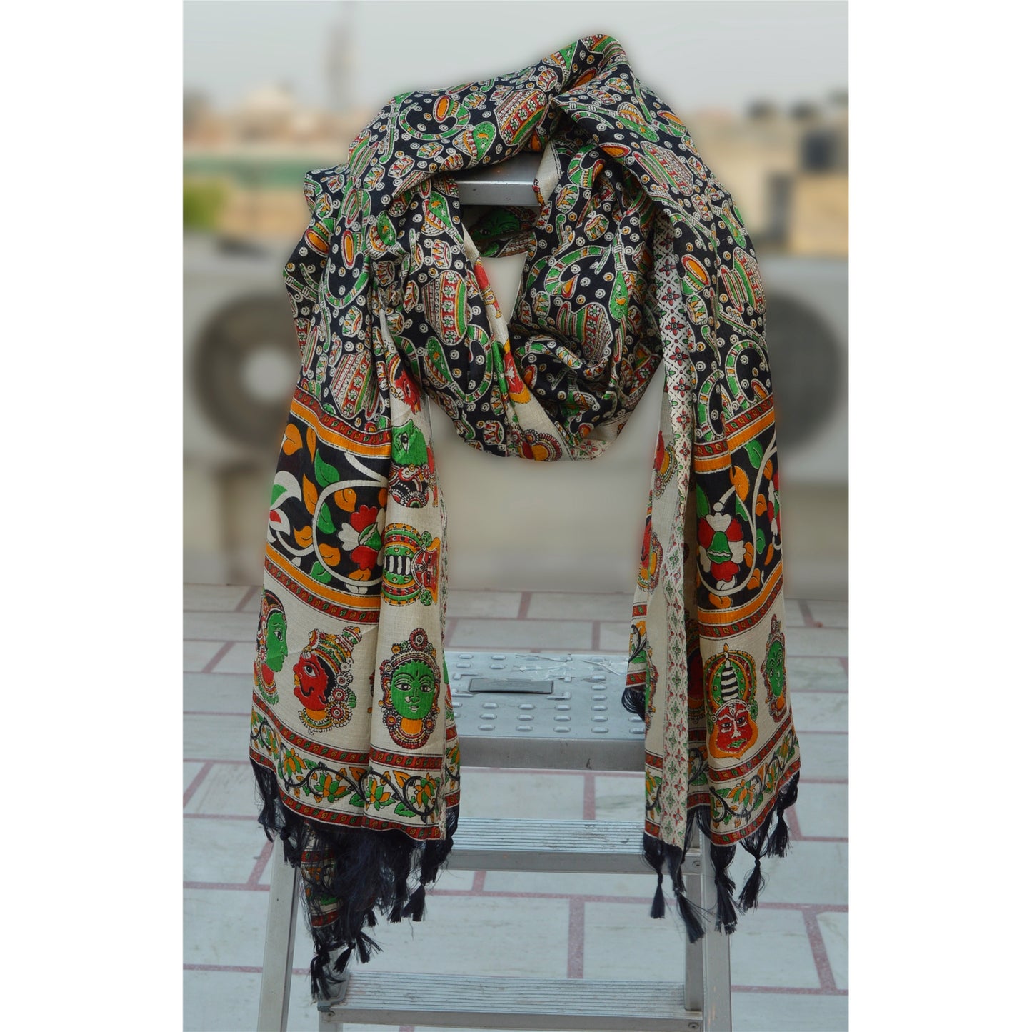 Sanskriti Vintage New Dupatta Long Stole Chanderi Black Printed Pattachitra Wrap Scarves