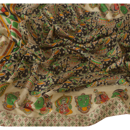 Sanskriti Vintage New Dupatta Long Stole Chanderi Black Printed Pattachitra Wrap Scarves
