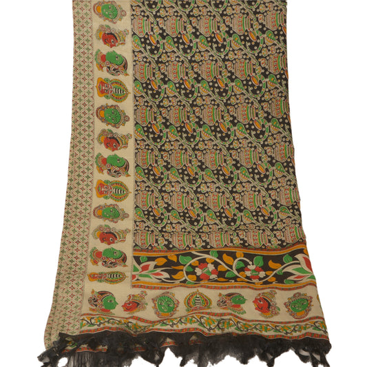 Sanskriti Vintage Black Dupatta Long Stole Chanderi Human Printed Pattachitra Odisha Of India Scarves For Crafting, Upcycling, or Wearing
