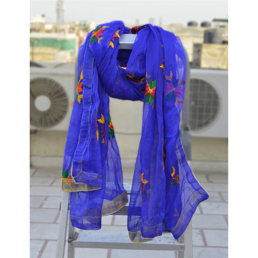 Sanskriti Vintage Dupatta Long Stole Ooak Blue Embroidered Hijab Bagh Phulkari