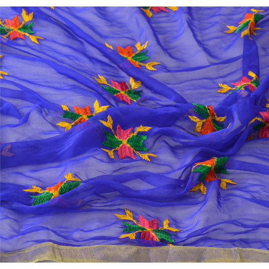 Sanskriti Vintage Dupatta Long Stole Ooak Blue Embroidered Hijab Bagh Phulkari