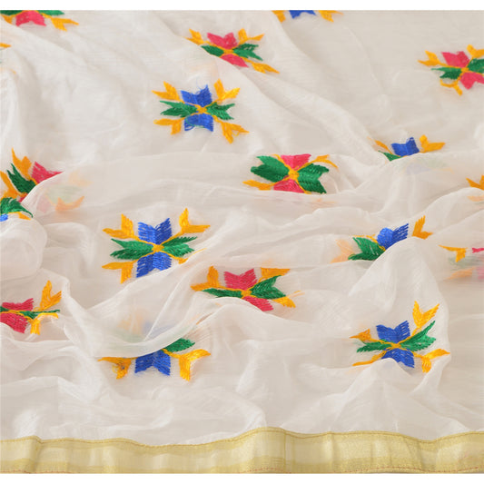 Sanskriti Vintage Dupatta Long Stole Ooak White Embroidered Bagh Phulkari Veil