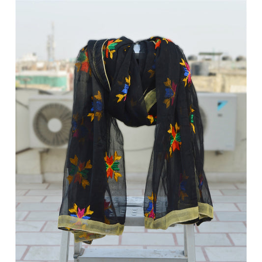 Sanskriti New Vintage Dupatta Long Stole OOAK Black Embroidered Bagh Phulkari