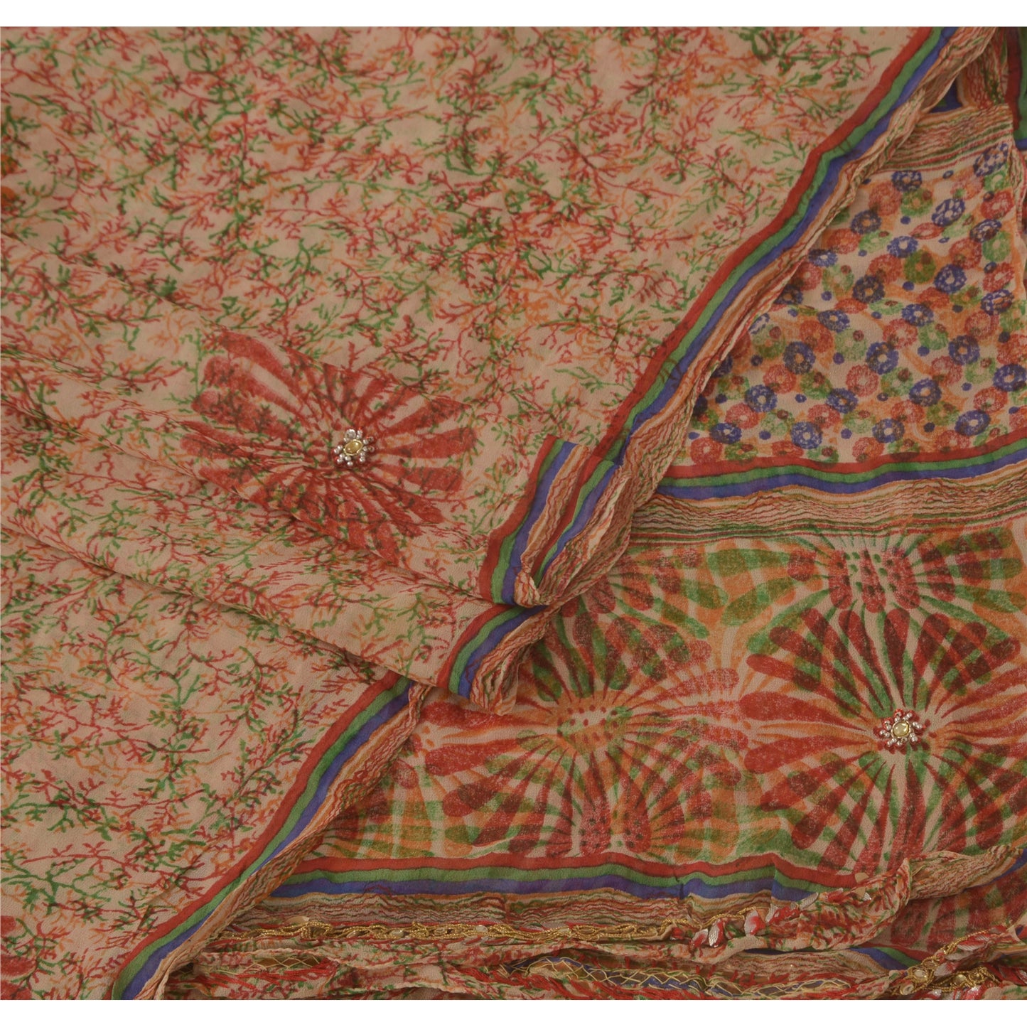 Sanskriti Vintage New Dupatta Long Stole Georgette Cream Hand Beaded Printed Scarves