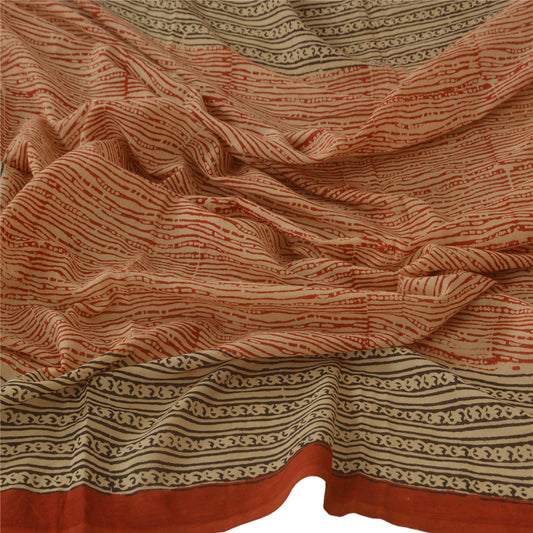 Sanskriti Vintage Dupatta Long Stole Cotton Cream Block Printed Wrap Hijab