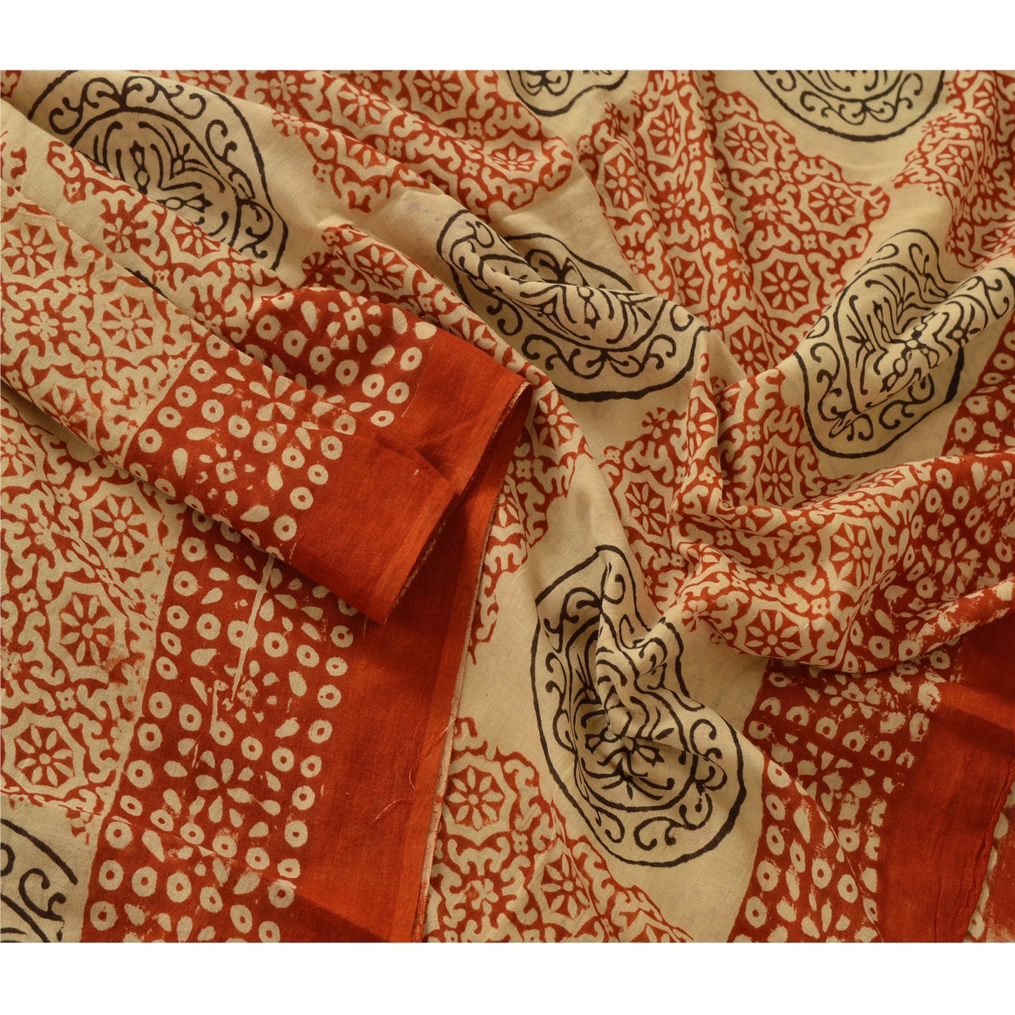 Sanskriti Vintage Dupatta Long Stole Cotton Cream Scarves Block Printed Hijab