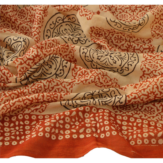 Sanskriti Vintage Dupatta Long Stole Cotton Cream Scarves Block Printed Hijab