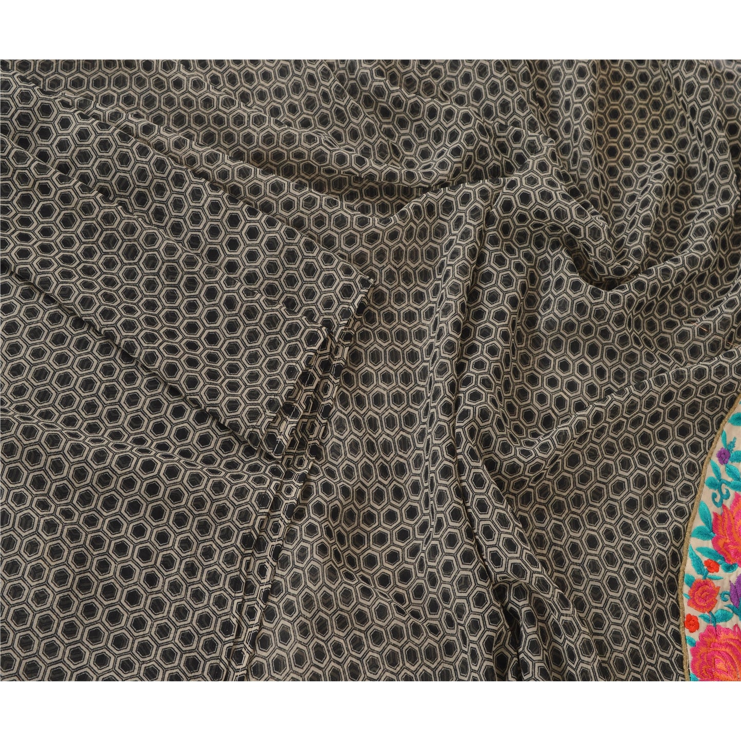 Sanskriti Vintage Dupatta Long Stole Georgette Black Shawl Embroidered Scarves