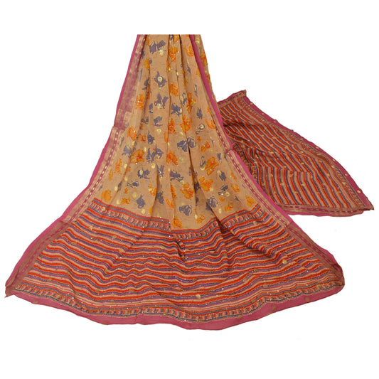 Sanskriti Vintage Dupatta Long Stole Georgette Cream Hand Embroidered Kantha Scarves Veil Head Neck Scarf