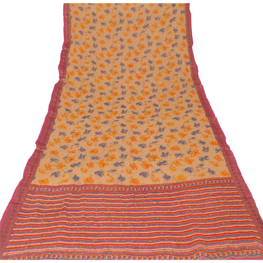 Sanskriti Vintage Dupatta Long Stole Georgette Cream Hand Embroidered Kantha