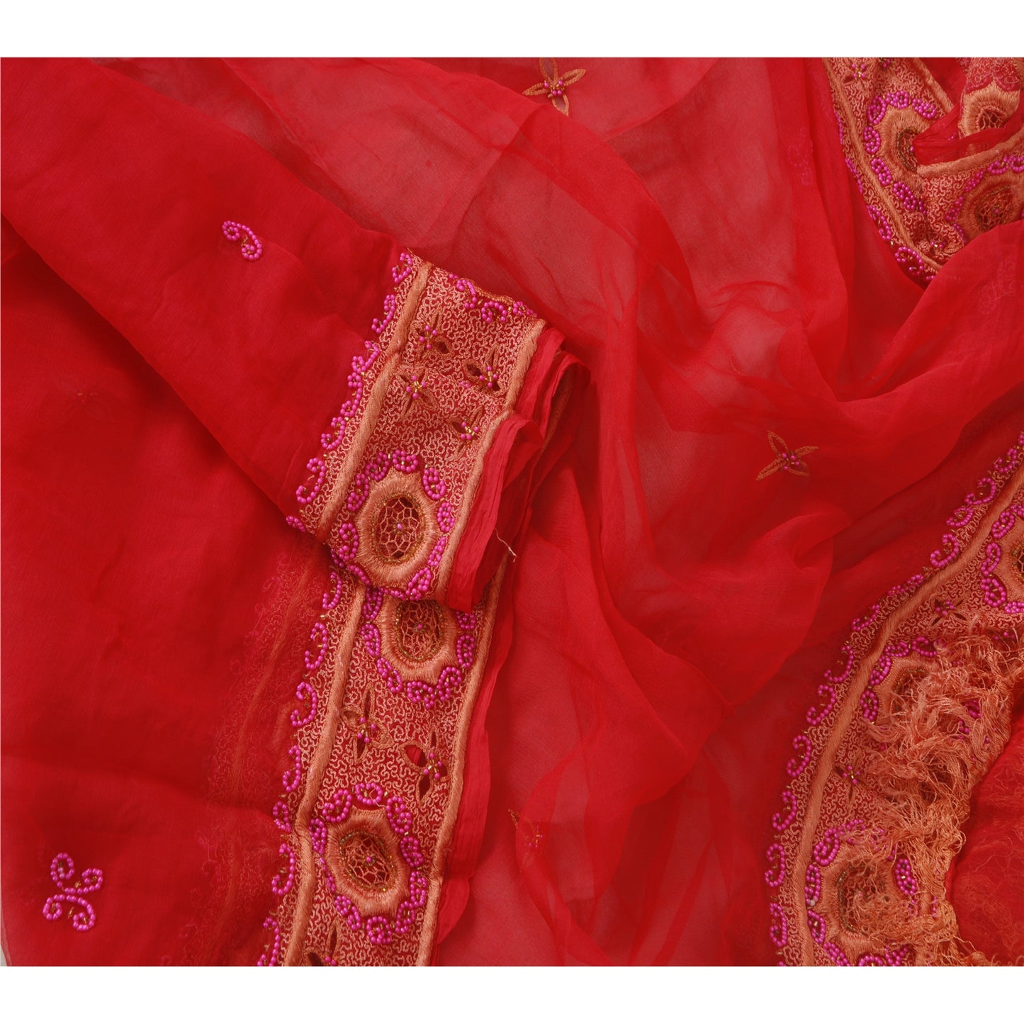 sanskriti Vintage Dupatta Long Stole Blend Chiffon Dark Red Hand Beaded Wrap