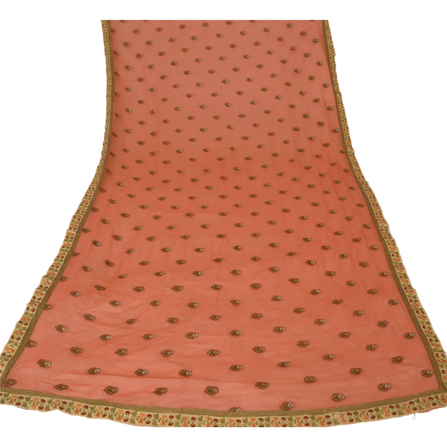 Sanskriti Vintage Dupatta Long Stole Blend Georgette Peach Hand Beaded Scarves