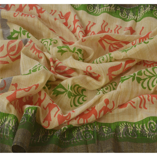 sanskriti Vintage Dupatta Long Stole Blend Cotton Cream Warli Printed Scarves
