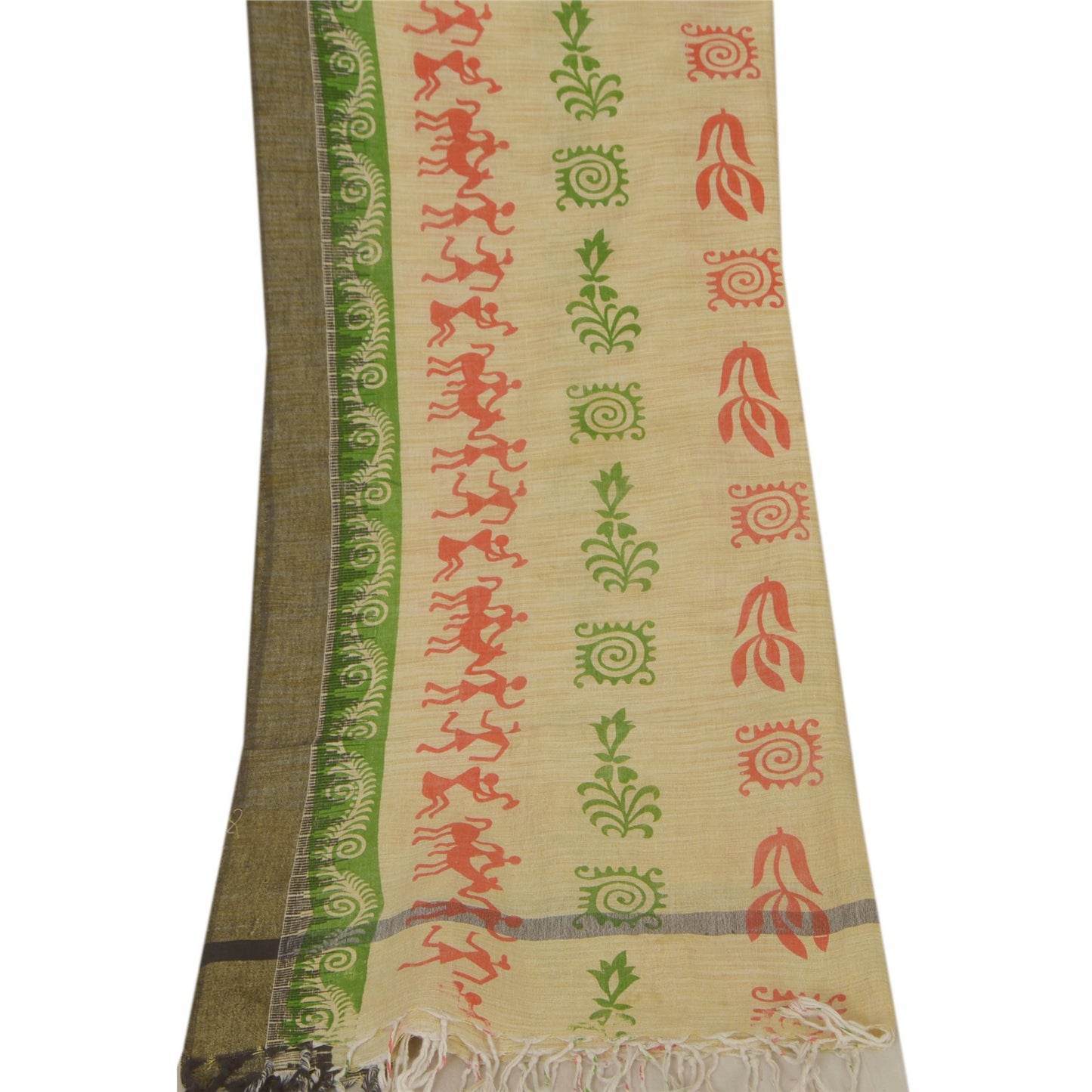 sanskriti Vintage Dupatta Long Stole Blend Cotton Cream Warli Printed Scarves