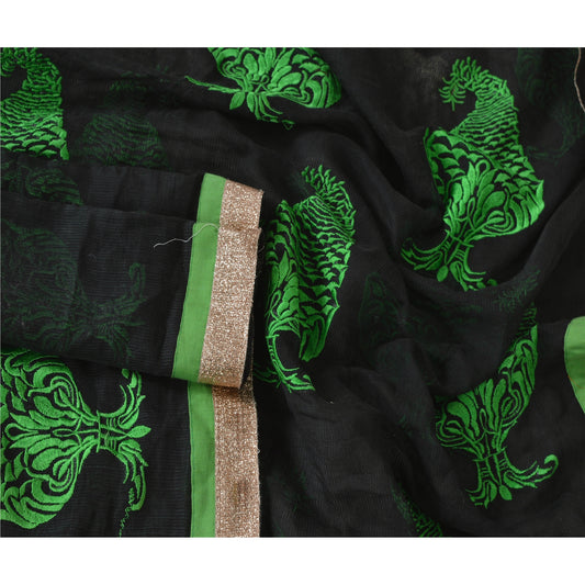 sanskriti Vintage Dupatta Long Stole Art Silk Veil Black Embroidered Scarves