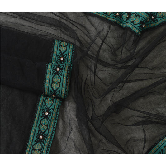 Sanskriti Vintage Dupatta Long Stole Net Mesh Veil Black Hand Beaded Scarves