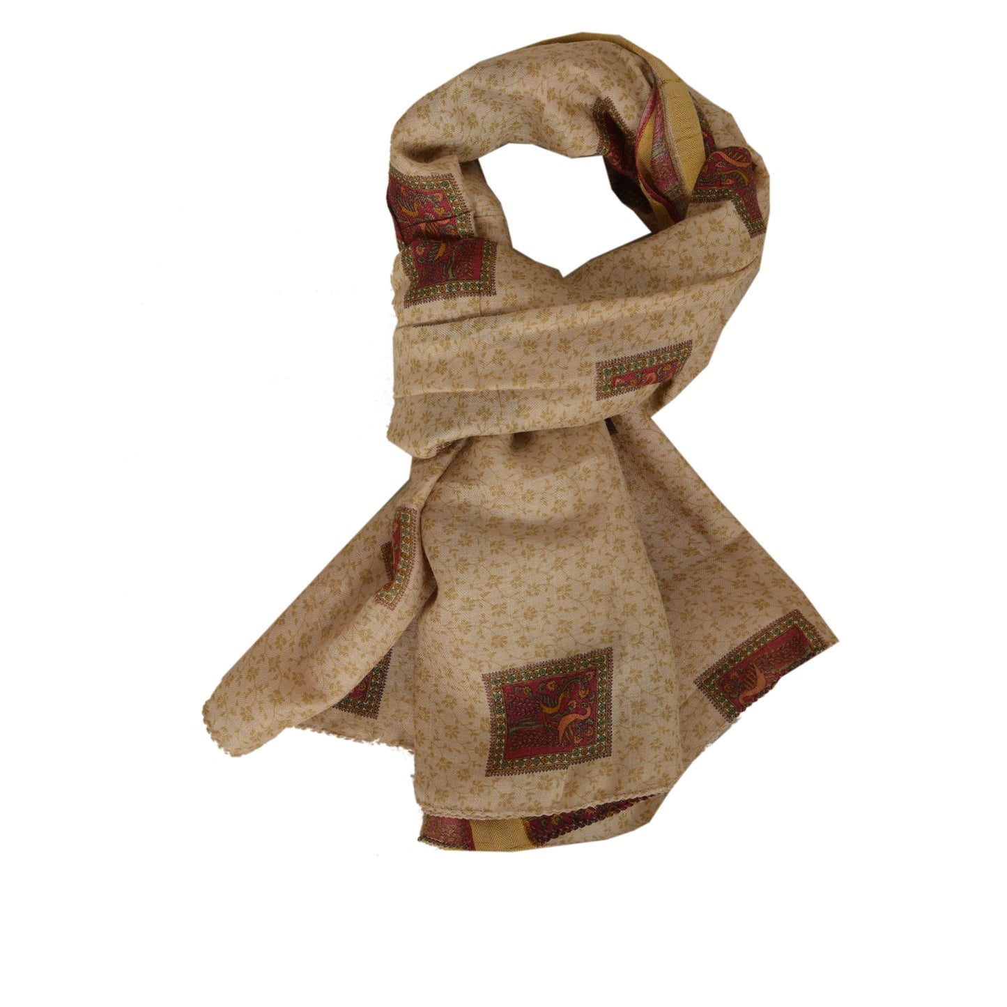 sanskriti Vintage Dupatta Long Stole 100% Pure Woolen Cream Printed Wrap Scarves