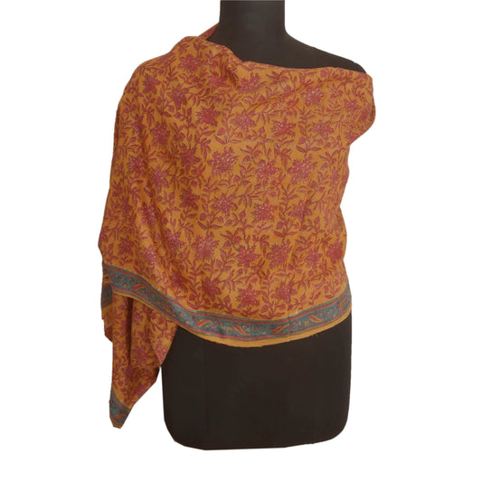 sanskriti Vintage Dupatta Long Stole 100% Pure Woolen Yellow Shawl Printed Veil