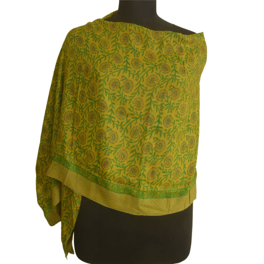 Sanskriti Vintage Dupatta Long Stole 100% Pure Woolen Green Printed Wrap Scarves