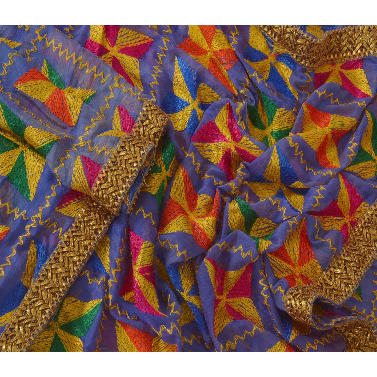 Sanskriti Vintage Dupatta Long Stole Ooak Blue Embroidered Bagh Phulkari Shawl