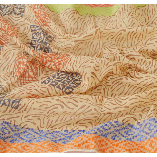 sanskriti Vintage Dupatta Long Stole Blend Cotton Cream Shawl Printed Scarves