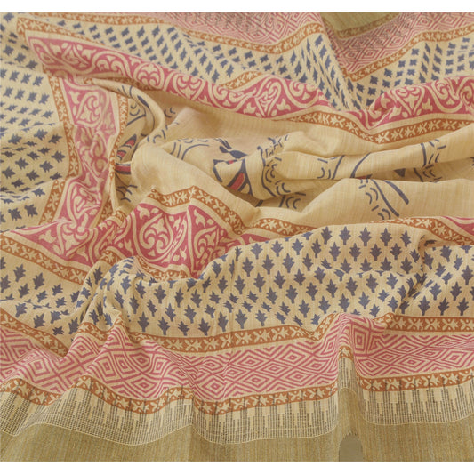 Sanskriti Vintage Dupatta Long Stole Pure Cotton Cream Block Printed Warli Art