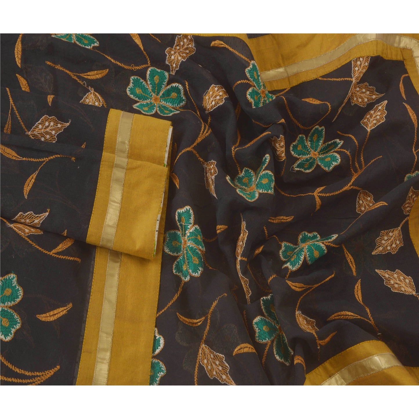 Sanskriti Vintage Dupatta Long Stole Pure Cotton Black Scarves Embroidered Shawl