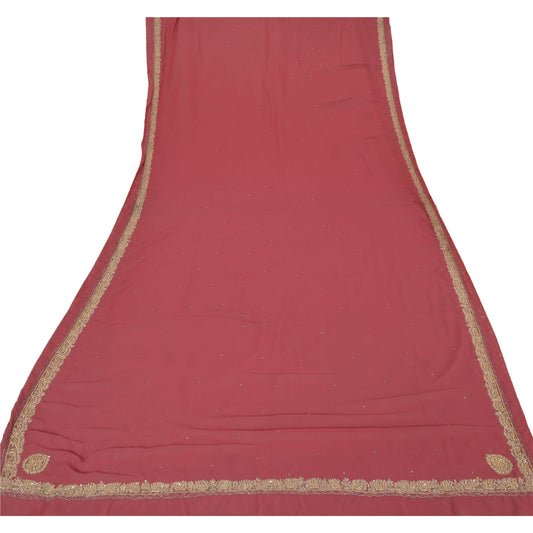 Sanskriti Vintage Dupatta Long Stole Blend Georgette Pink Hand Beaded Scarves