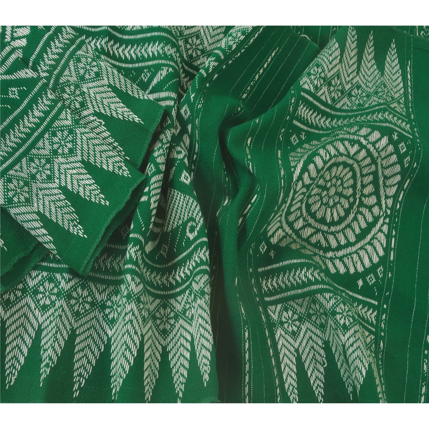sanskriti Vintage Dupatta Long Stole Blend Cotton Green Hand Woven Wrap Veil