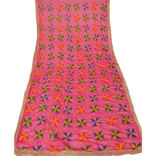 Sanskriti Vintage Dupatta Long Stole OOAK Pink Embroidered Bagh Phulkari Shawl