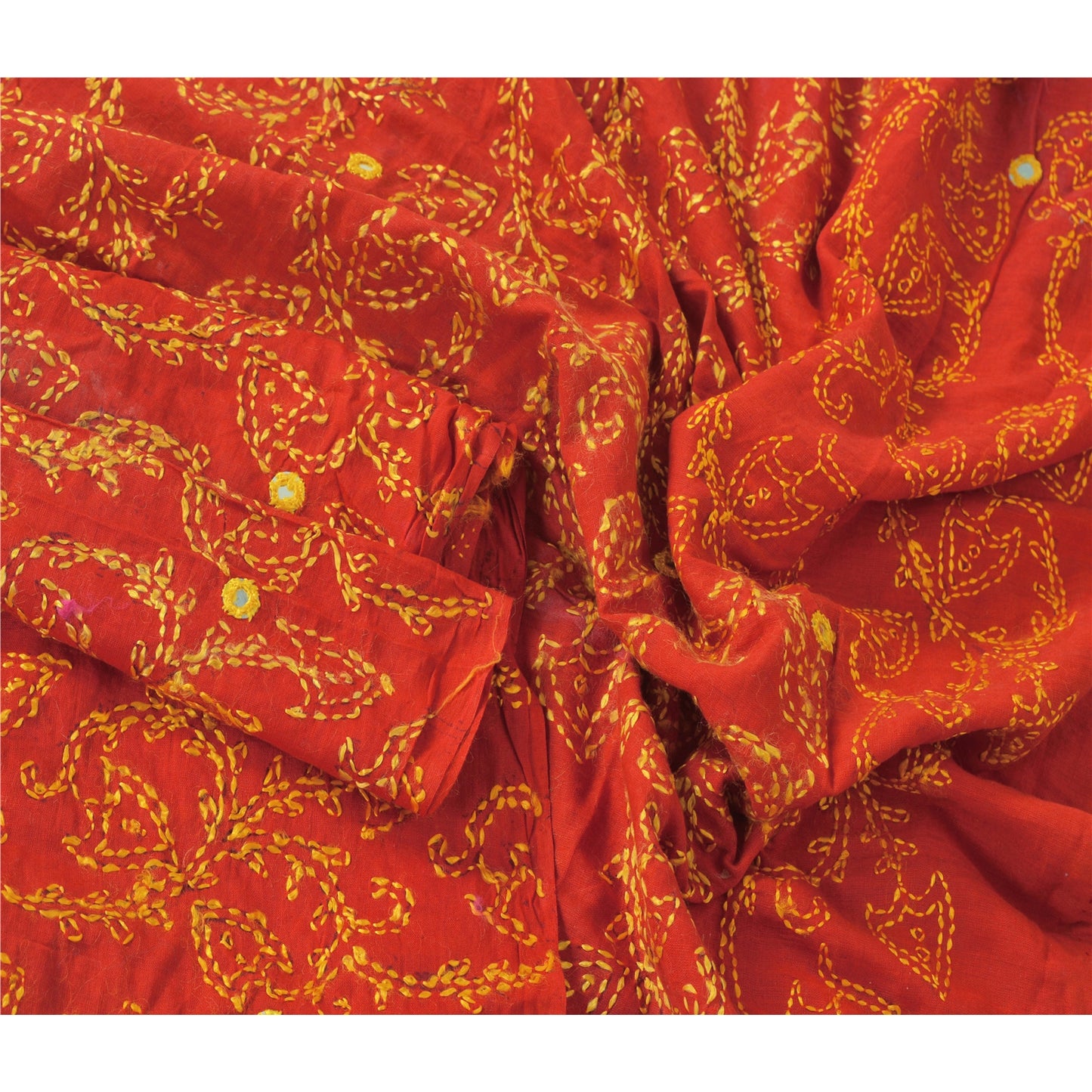 Sanskriti Vintage Dupatta Long Stole Pure Cotton Red Hand Embroidered Kantha