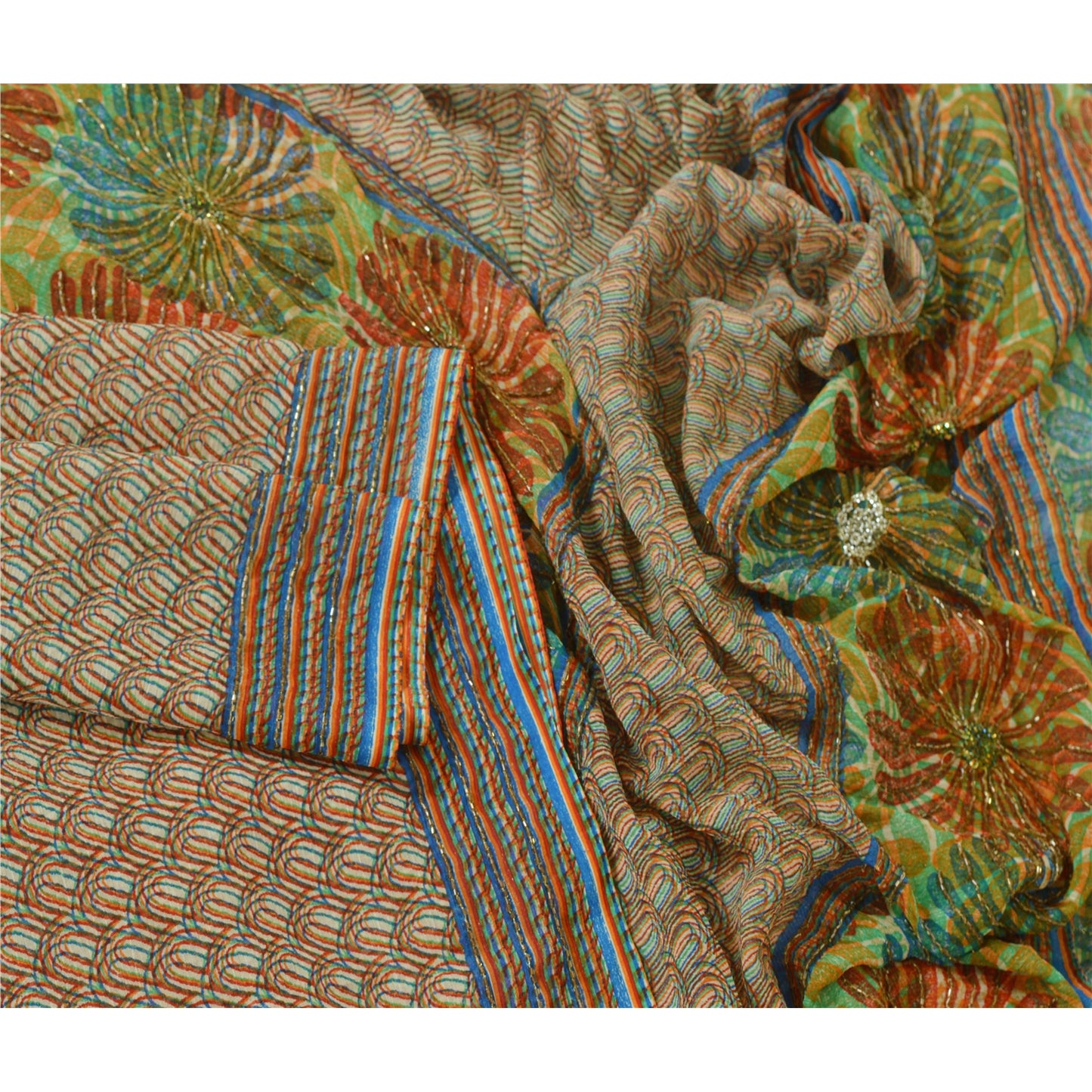 Sanskriti Vintage Dupatta Long Stole Pure Chiffon Silk Veil Hand Beaded Scarves