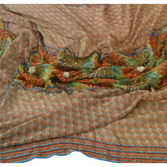 Sanskriti Vintage Dupatta Long Stole Pure Chiffon Silk Veil Hand Beaded Scarves