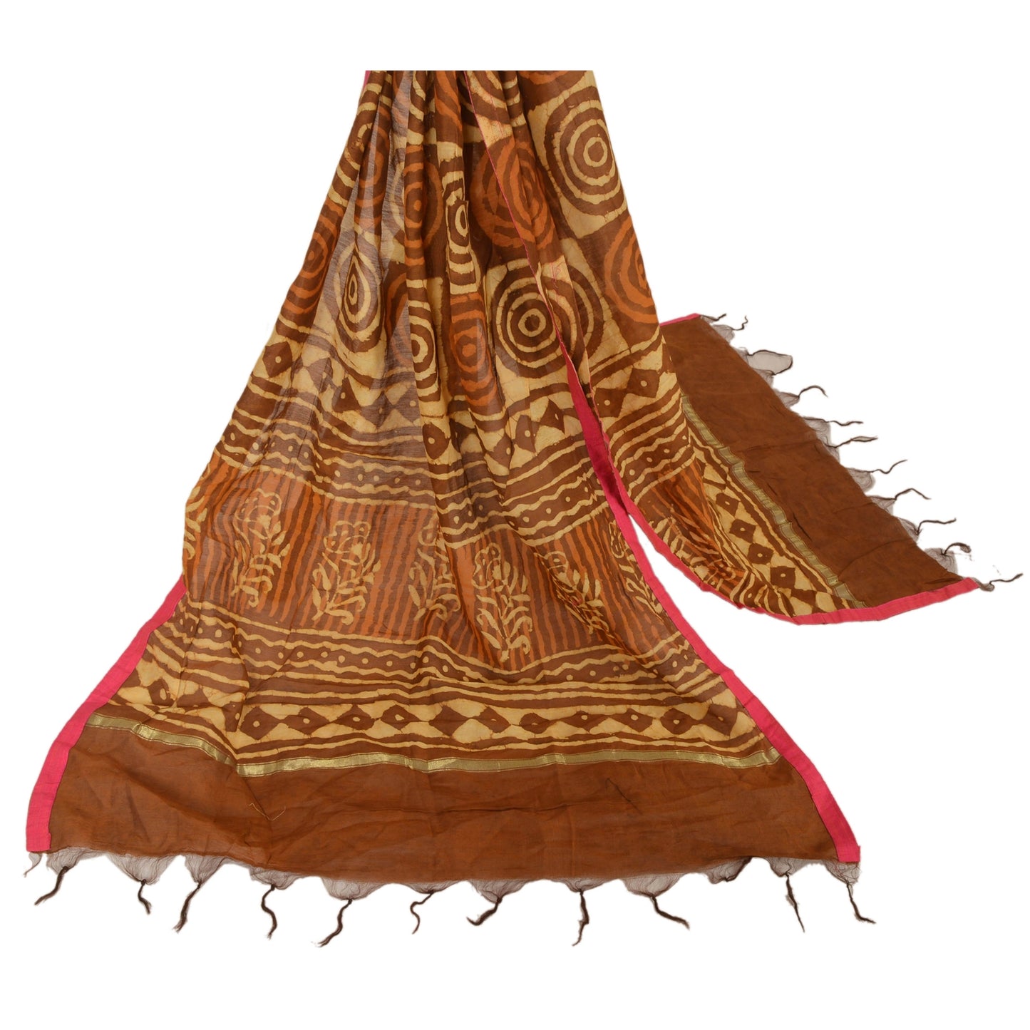 Sanskriti Vintage Dupatta Long Stole Pure Chanderi Silk Brown Shawl Batik Work