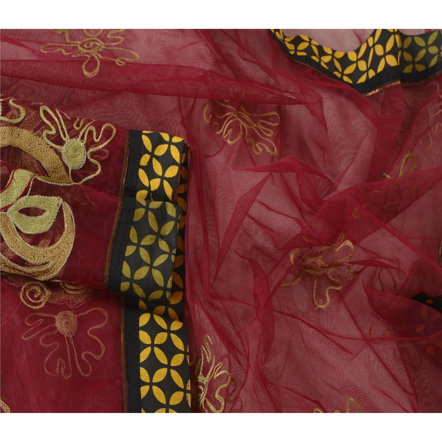 Sanskriti Vintage Dupatta Long Stole Net Mesh Dark Red Veil Hand Embroidered