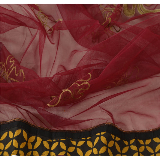 Sanskriti Vintage Dupatta Long Stole Net Mesh Dark Red Veil Hand Embroidered